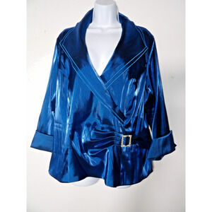 Xscape Woman By Joanna Chen 22W Silky Blouse Royal Blue Rhinestone Artsy Formal